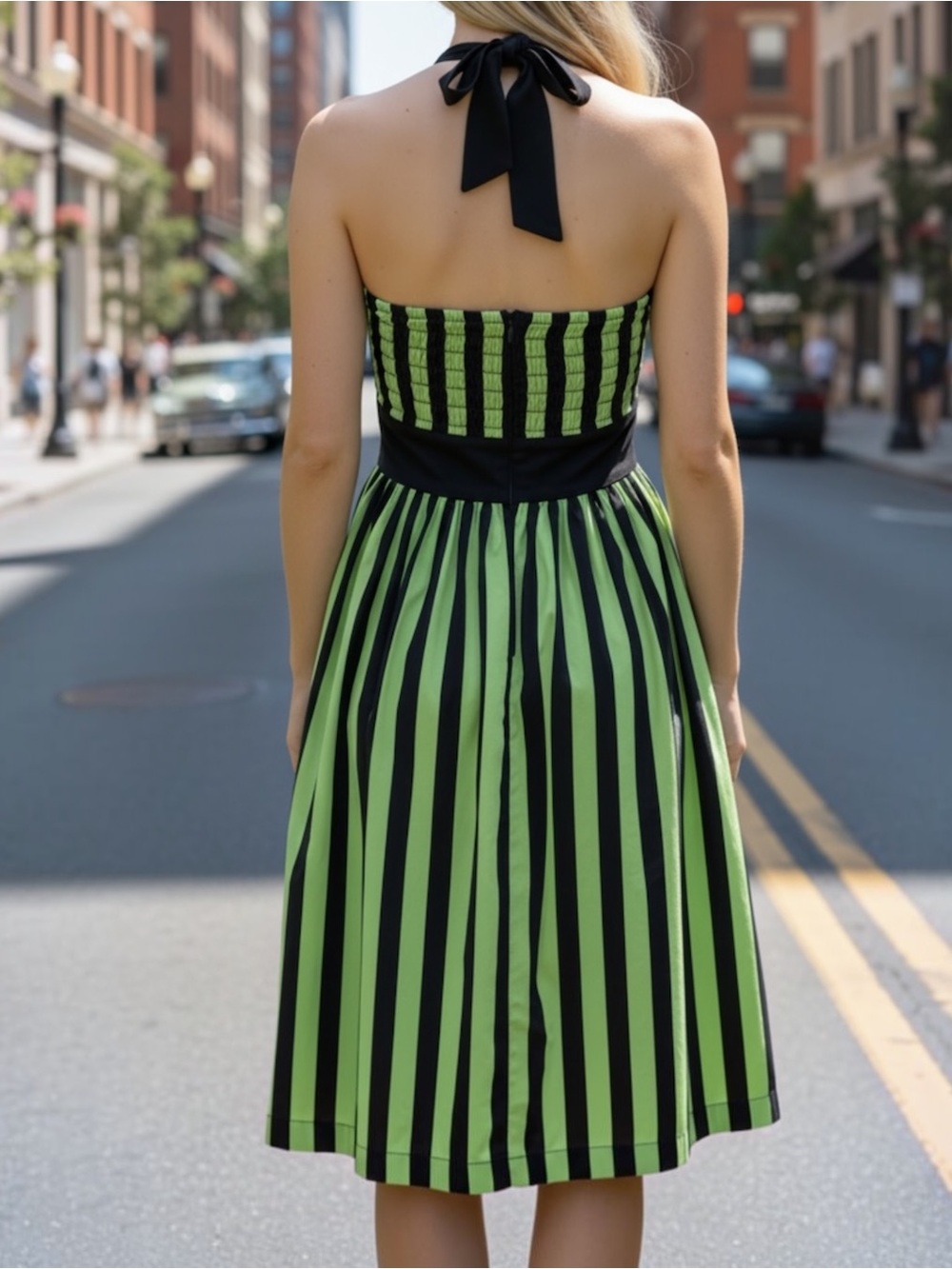 Magnolia Park Beetlejuice Costume Dress Green Black Striped Halter Rockabilly L - Picture 9 of 9